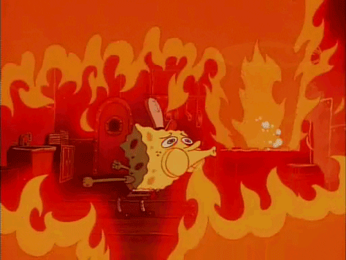 Bob Esponja intentando apagar un incendio en el Crustáceo Crujiente.