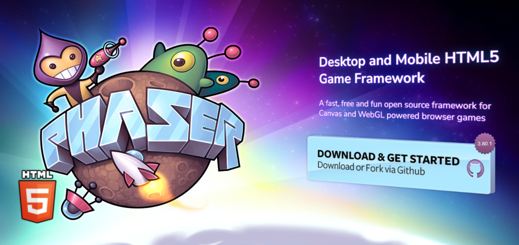 Logo de Phaser y algunas de las características principales del motor de videojuegos.