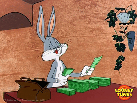 Bugs Bunny de Looney Toons contando dinero.