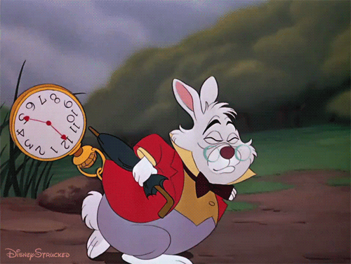 The white rabbit from Alice in Wonderland in a hurry.