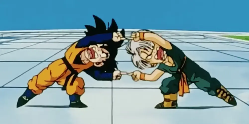 Goten y Trunks, de Dragon Ball, haciendo la fusión.