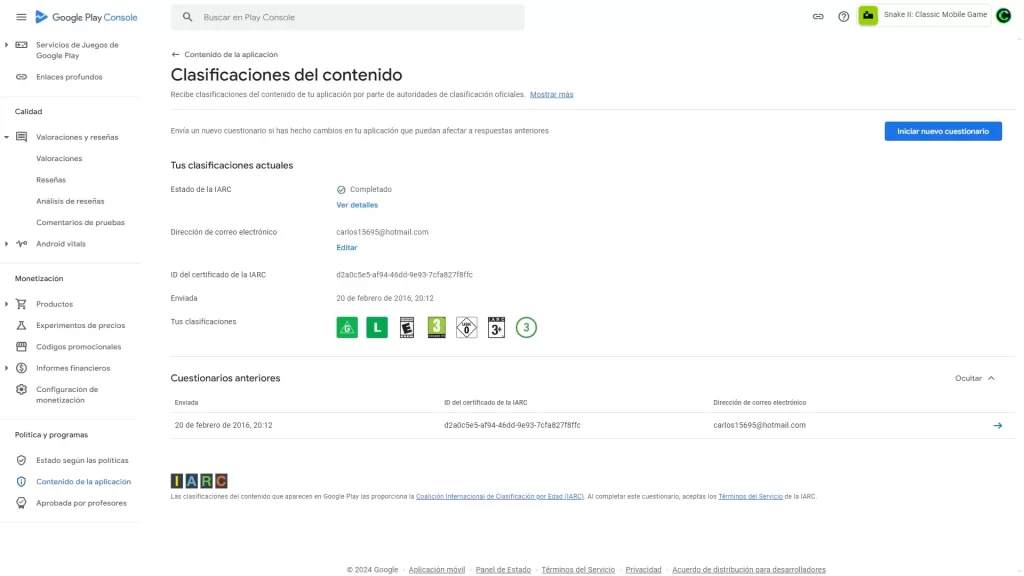 Cuestionario de clasificación de contenido de una aplicación en Google Play.