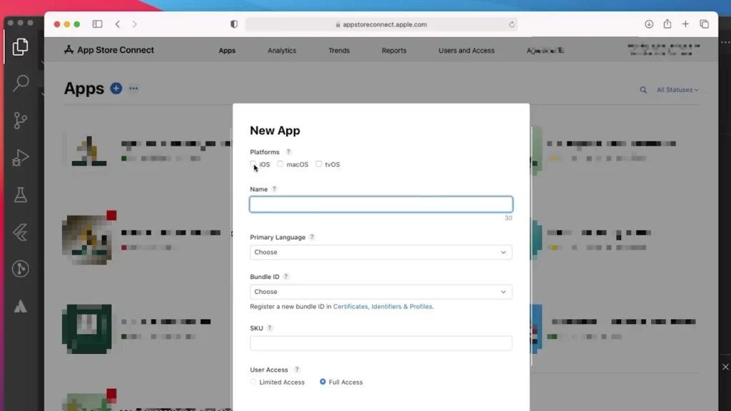 Formulario de creación de una nueva aplicación en la App Store de iOS.