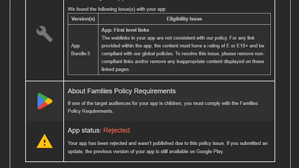 Este es el email que recibes cuando tu aplicación no ha sido aceptada en Google Play.
