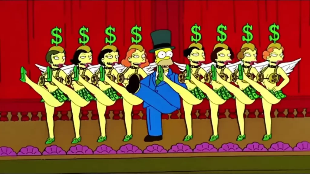 Homer bailando con chicas vestidas de dinero