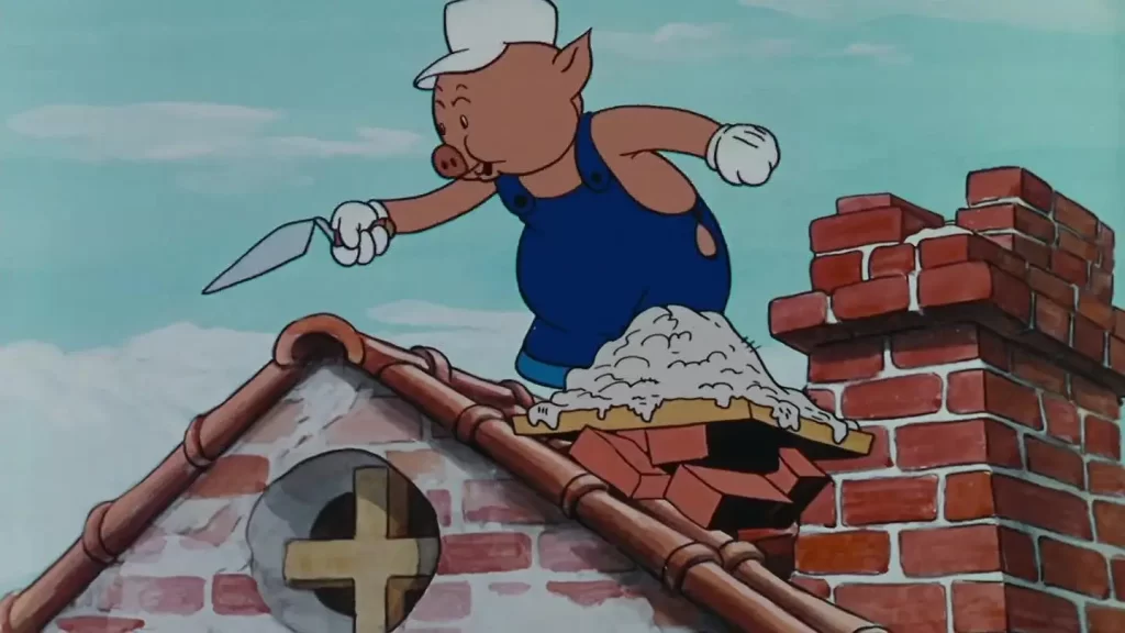 Un cerdo de dibujos animados construyendo una casa