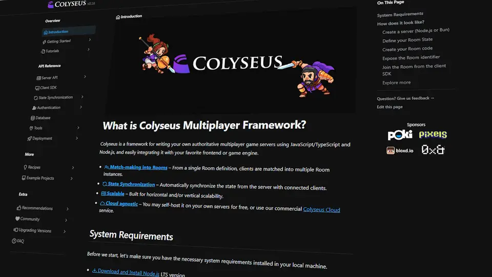 Documentación de Colyseus, framework multijugador de JavaScript.