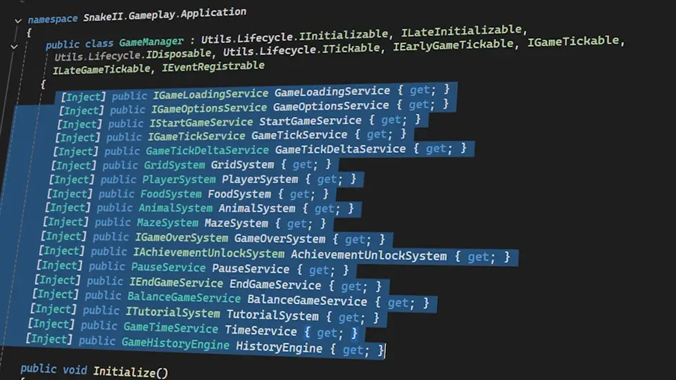 GameManager de Snake II dividido en sistemas.