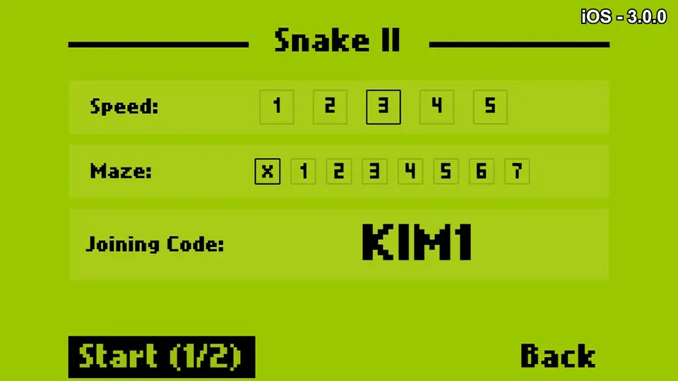 Menú de creación de una partida multijugador del Snake II de Nokia sin botón de compartir.