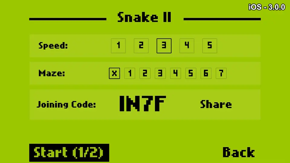 Menú de creación de una partida multijugador del Snake II de Nokia con botón de compartir.